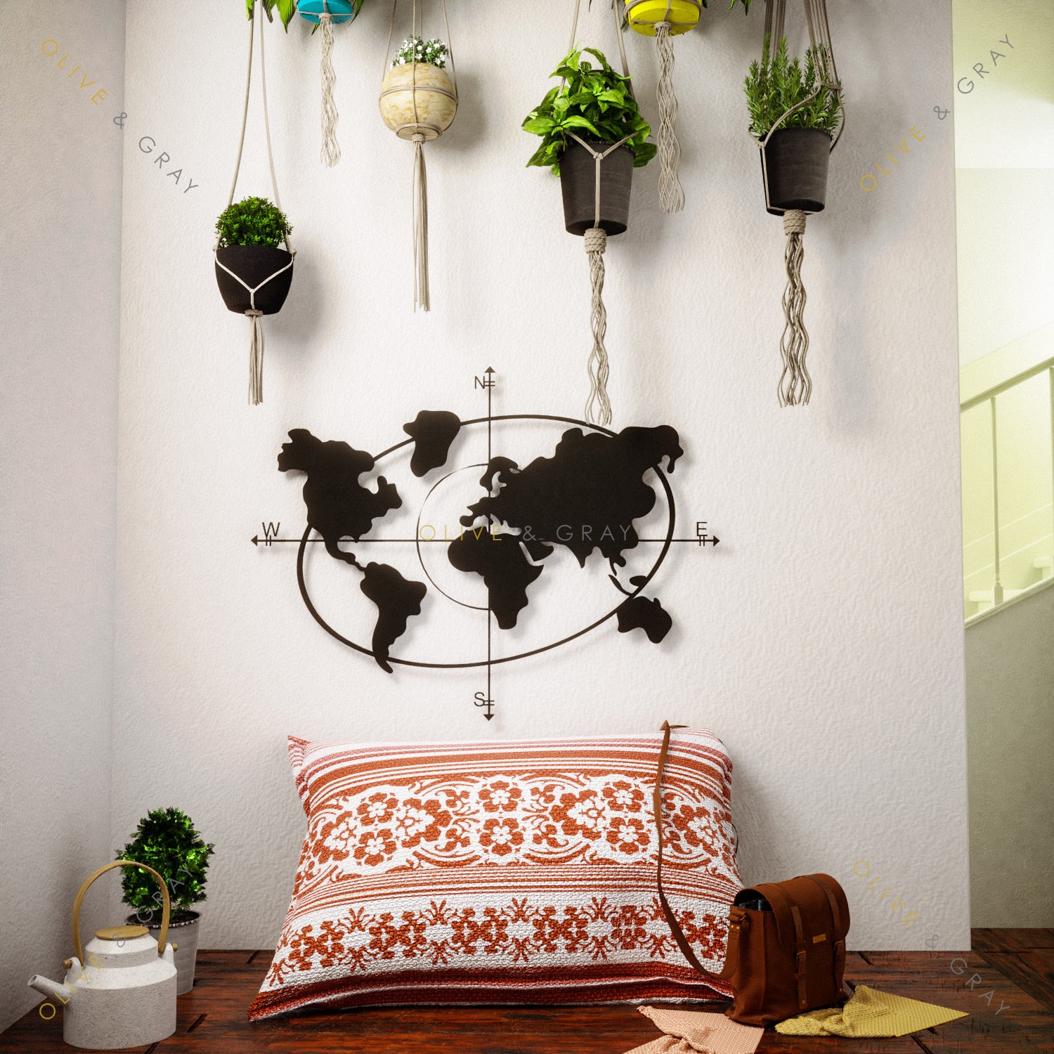 Cardinal World Map Metal Wall Art